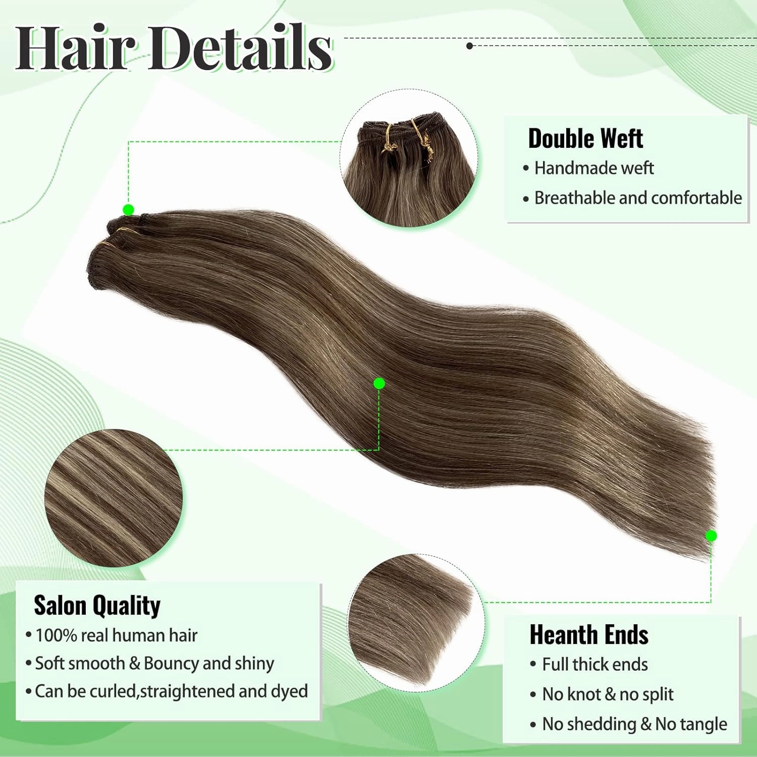 Remy Hair Extensions Clip ins - Chestnut Brown and Beige Blonde Highlights, Real Human Hair, Straight Double Weft, Brown Balayage Blonde, 18 Inches, 5pcs, 70g