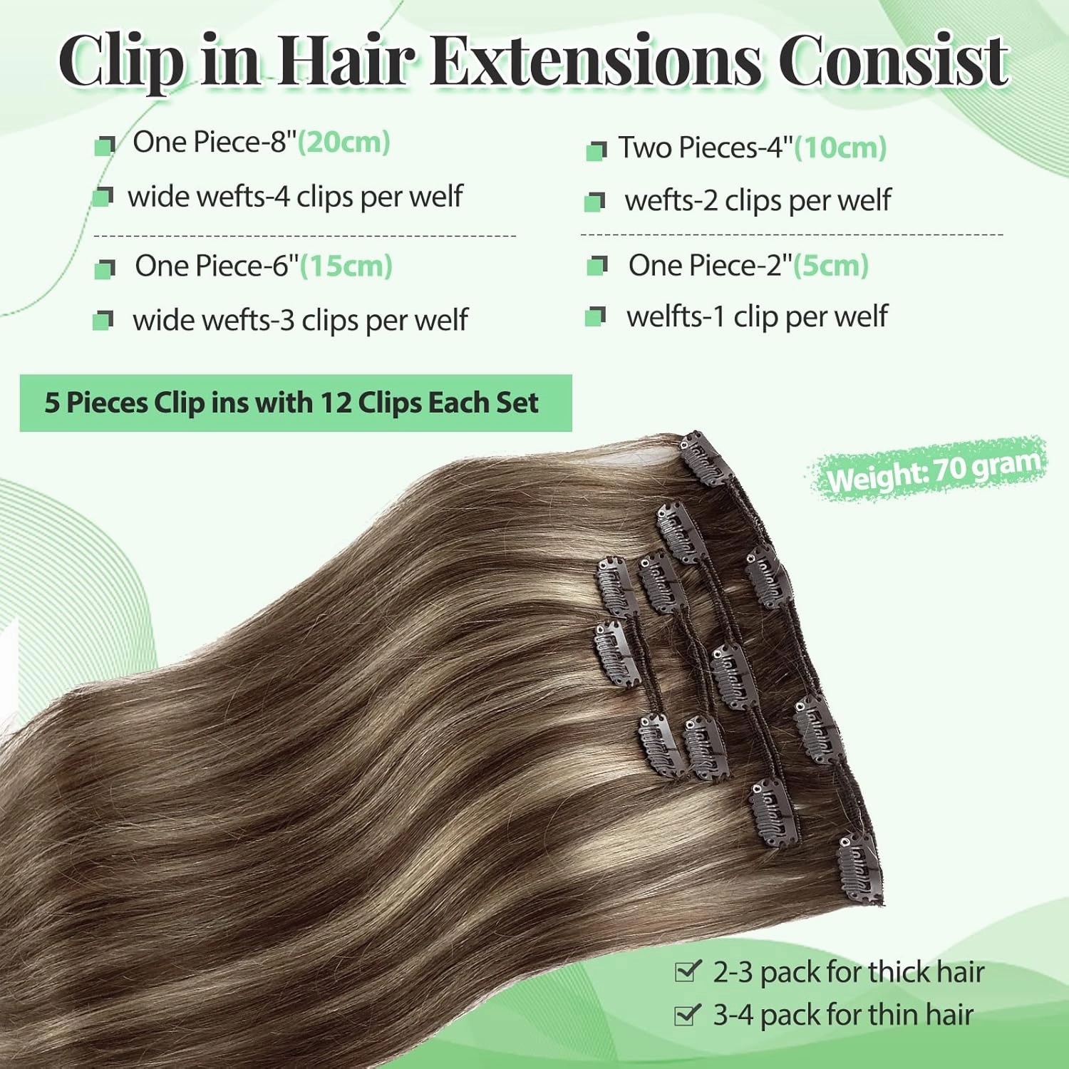 Remy Hair Extensions Clip ins - Chestnut Brown and Beige Blonde Highlights, Real Human Hair, Straight Double Weft, Brown Balayage Blonde, 18 Inches, 5pcs, 70g