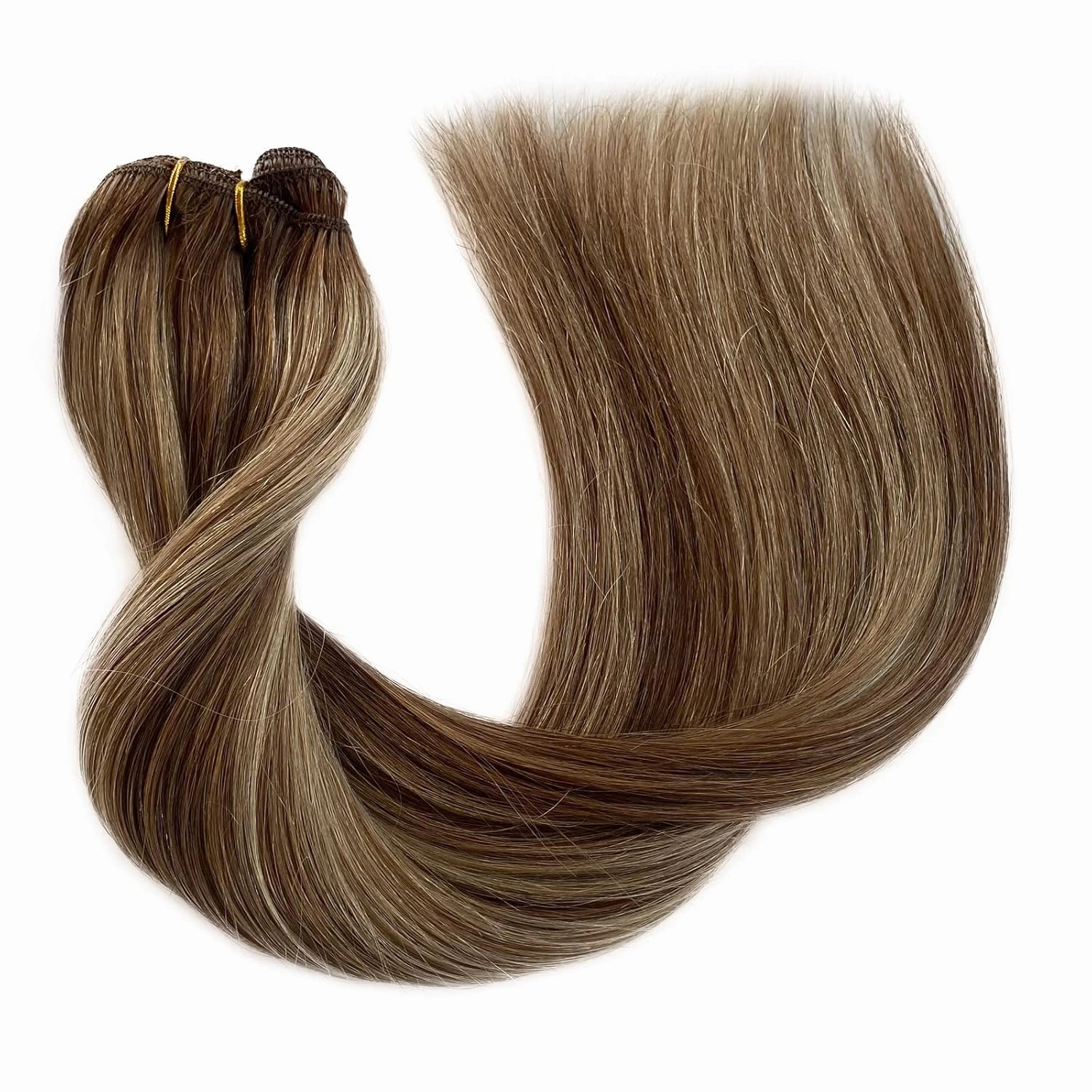 Remy Hair Extensions Clip ins - Chestnut Brown and Beige Blonde Highlights, Real Human Hair, Straight Double Weft, Brown Balayage Blonde, 18 Inches, 5pcs, 70g