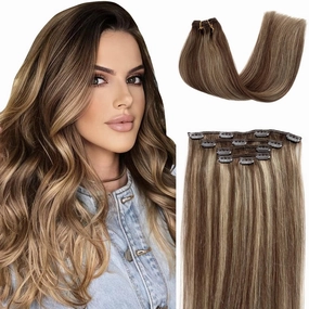 Remy Hair Extensions Clip ins - Chestnut Brown and Beige Blonde Highlights, Real Human Hair, Straight Double Weft, Brown Balayage Blonde, 18 Inches, 5pcs, 70g