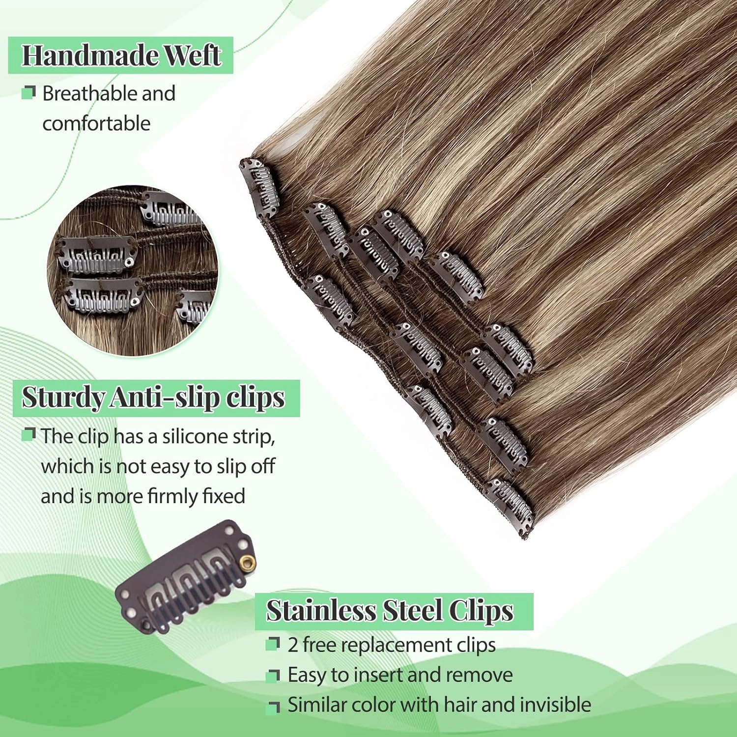 Remy Hair Extensions Clip ins - Chestnut Brown and Beige Blonde Highlights, Real Human Hair, Straight Double Weft, Brown Balayage Blonde, 18 Inches, 5pcs, 70g