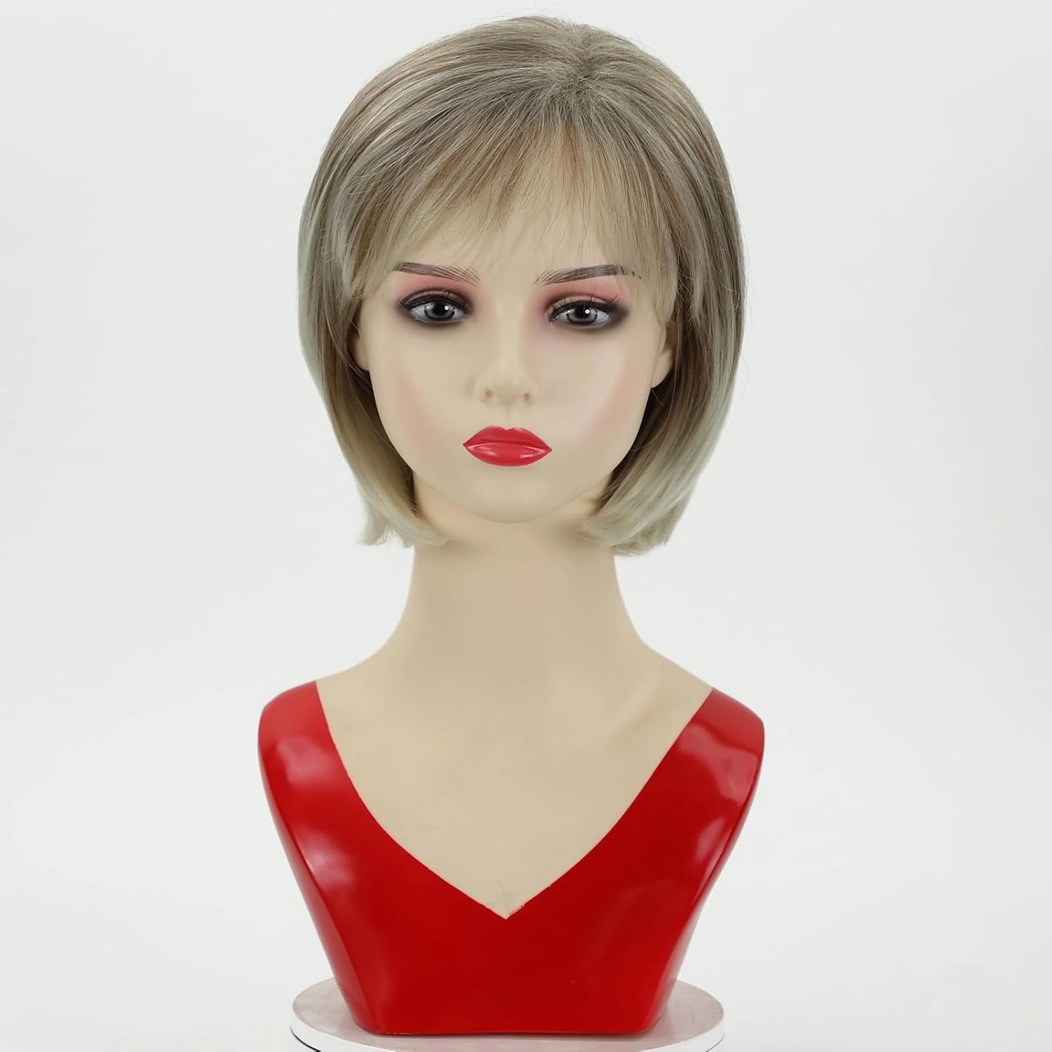 RENERSHOW Short Blonde Bob Wig with Bangs for White Women Chin Length Ash Blonde Cute Classic Bob Straight Hair Synthetic Wig