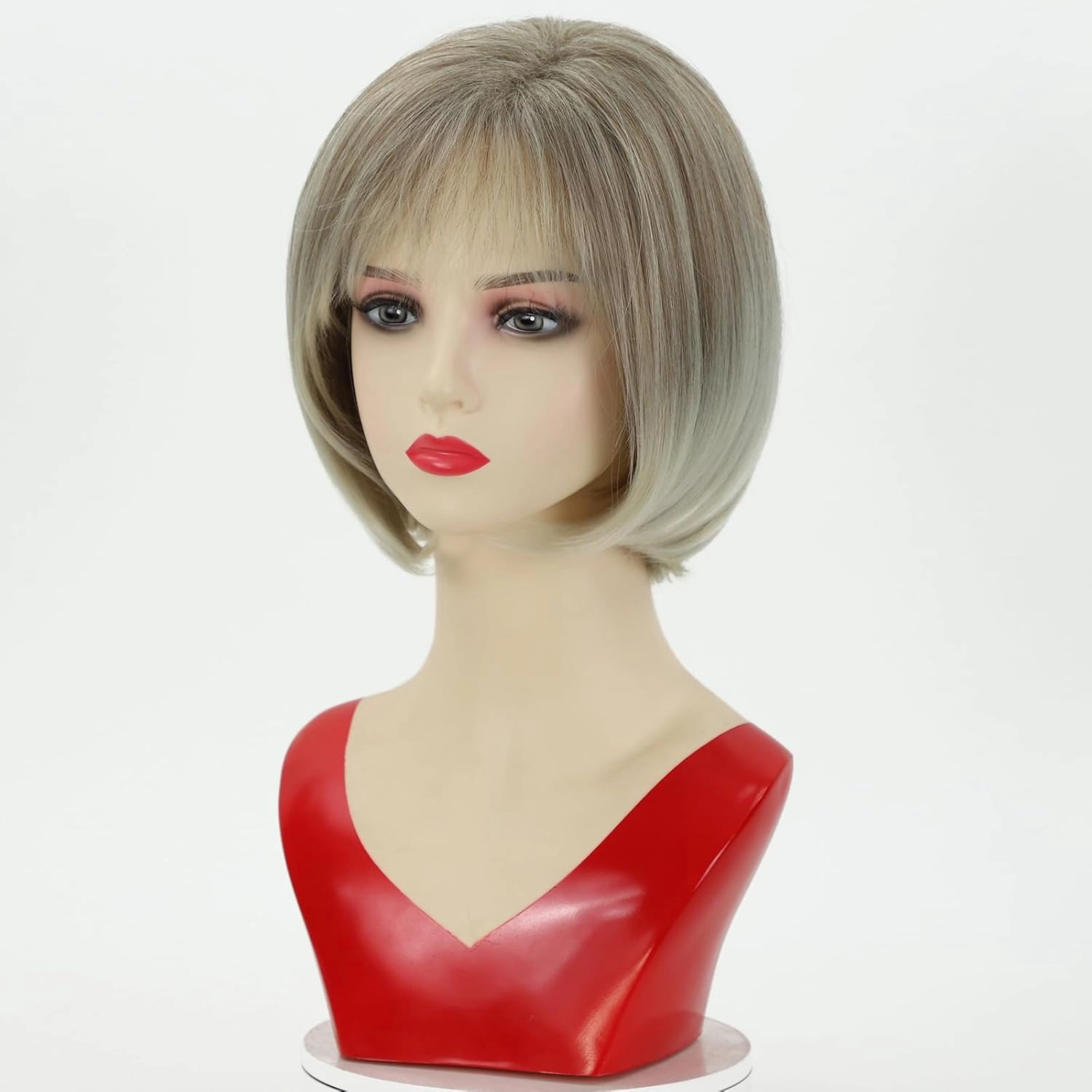 RENERSHOW Short Blonde Bob Wig with Bangs for White Women Chin Length Ash Blonde Cute Classic Bob Straight Hair Synthetic Wig
