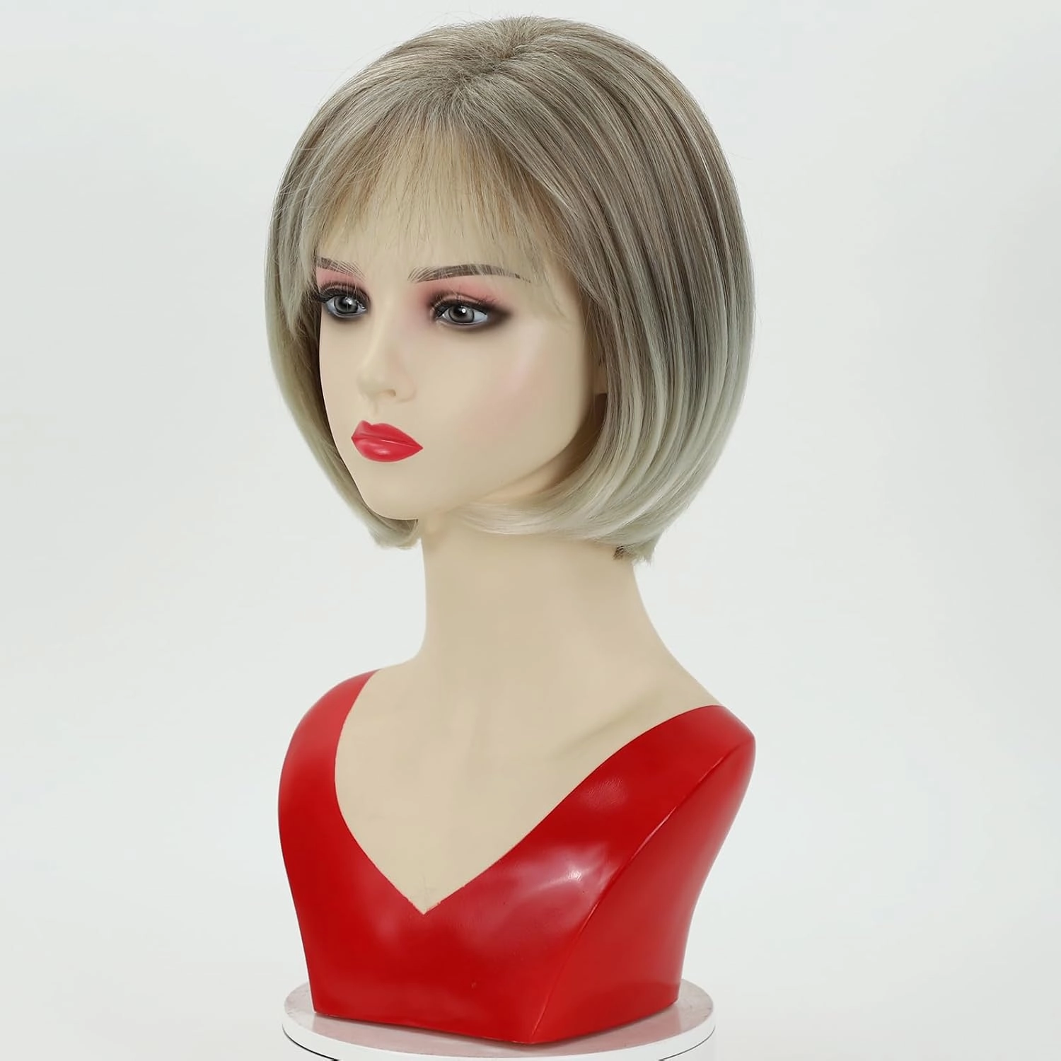 RENERSHOW Short Blonde Bob Wig with Bangs for White Women Chin Length Ash Blonde Cute Classic Bob Straight Hair Synthetic Wig