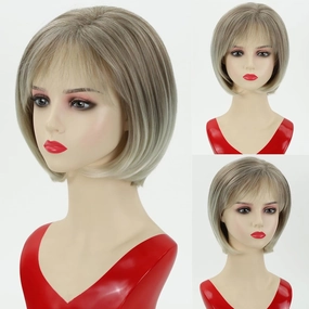 RENERSHOW Short Blonde Bob Wig with Bangs for White Women Chin Length Ash Blonde Cute Classic Bob Straight Hair Synthetic Wig