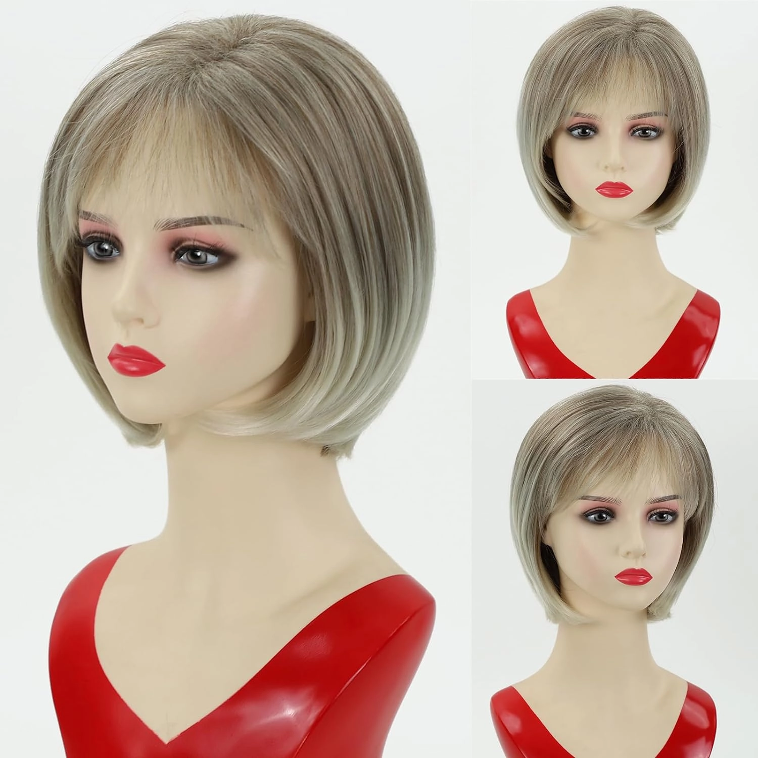 RENERSHOW Short Blonde Bob Wig with Bangs for White Women Chin Length Ash Blonde Cute Classic Bob Straight Hair Synthetic Wig
