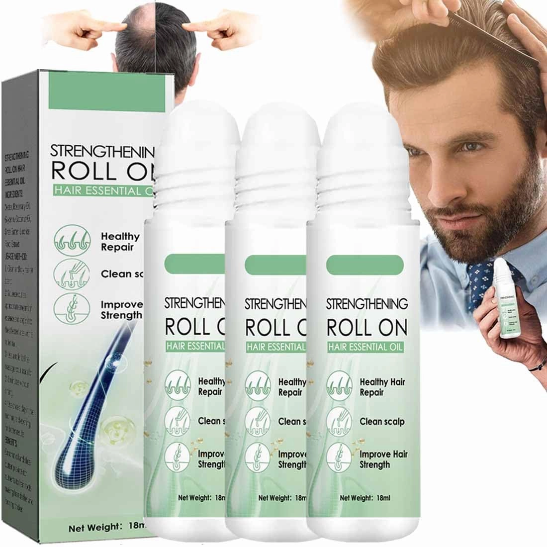 Renew Hair X Roll-On, 3Pcs, Unscented, For Hair and Beard Growth, All Hair Types, Natural Ingredients, Promotes Growth, Prevents Hair Loss, Thick Essential Oil Serum, 18ml