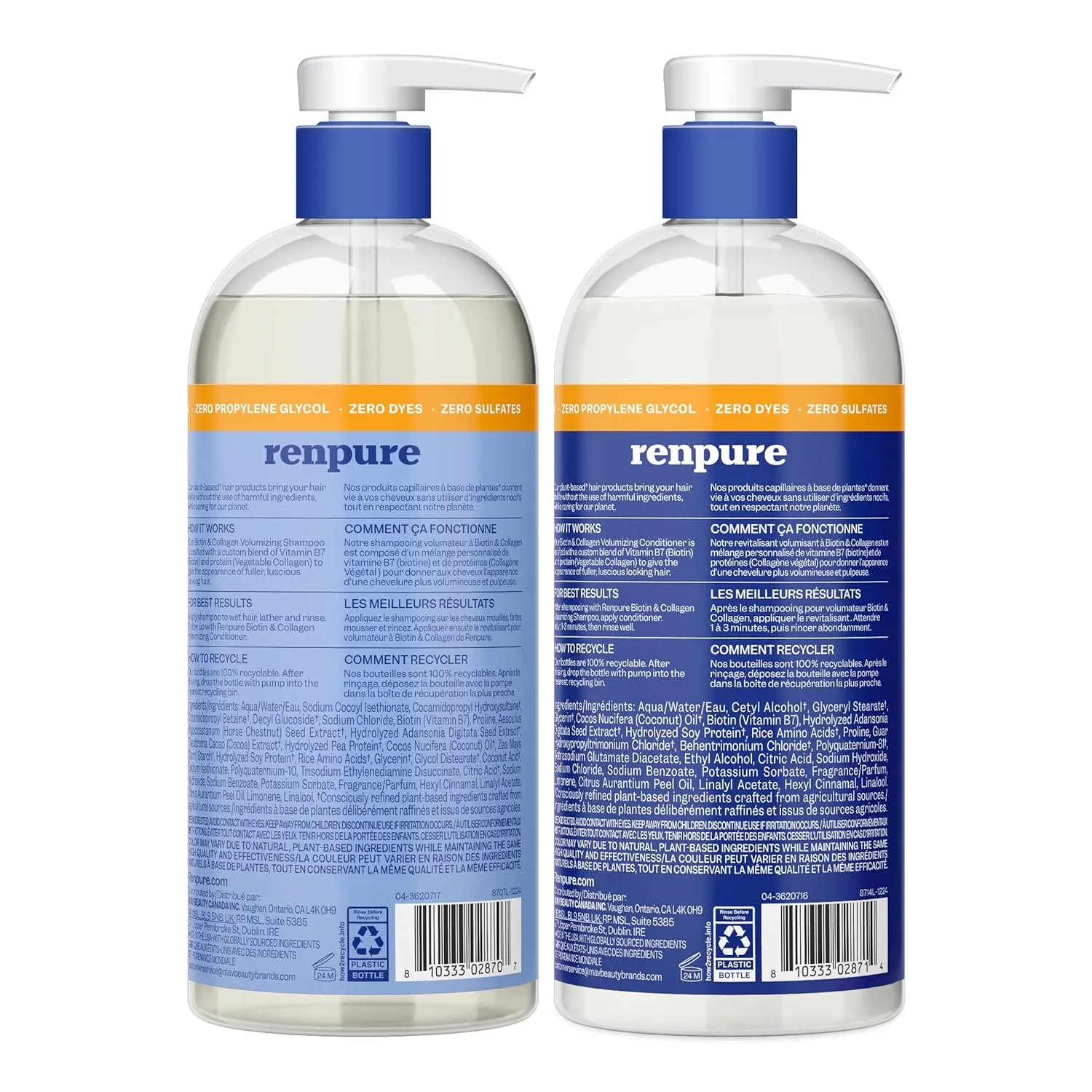 Renpure Biotin & Collagen Shampoo & Conditioner Set, Plant- Based - Nutrient Infused Formulas for Fuller, Thicker Looking Hair - For Fine Hair - Vitamin B7 (Biotin) & Collagen - 24 Fl Oz each, 2 Pack