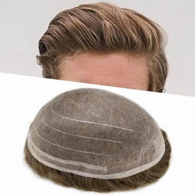 RESHE Hair System For Mens Toupee Human Hair Replacement System Durable Fine Welded Mono Lace Toupee for Men Hair Piece #1710#17 Dark Ash Blonde 10% Grey 100% Density