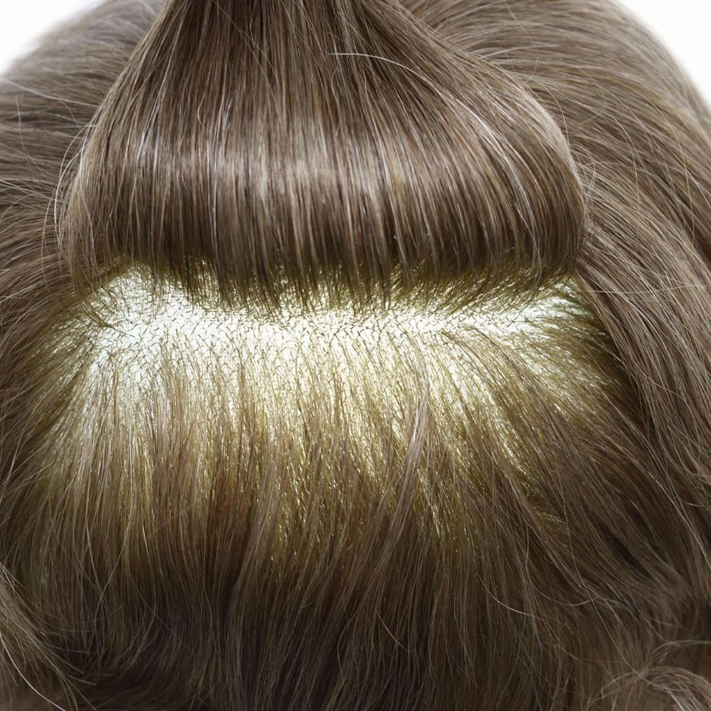 RESHE Hair System For Mens Toupee Human Hair Replacement System Durable Fine Welded Mono Lace Toupee for Men Hair Piece #1710#17 Dark Ash Blonde 10% Grey 100% Density