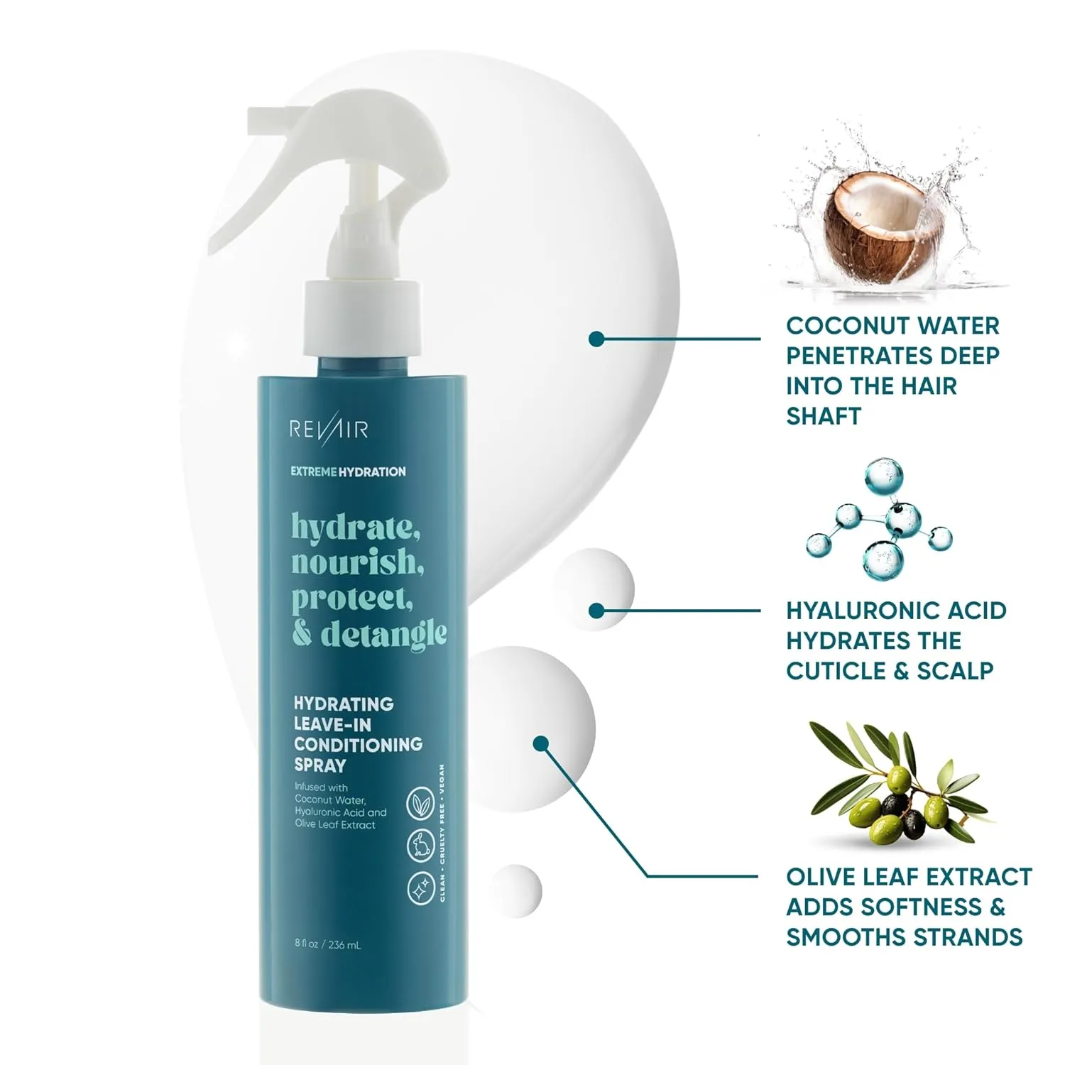REVAIR Leave-In Conditioner Spray, Hydrating - Cruelty-Free, 8 Fl Oz (for Curly Hair, Heat Protection, Hair Detangler, Vegan Detangling Spray, Women)