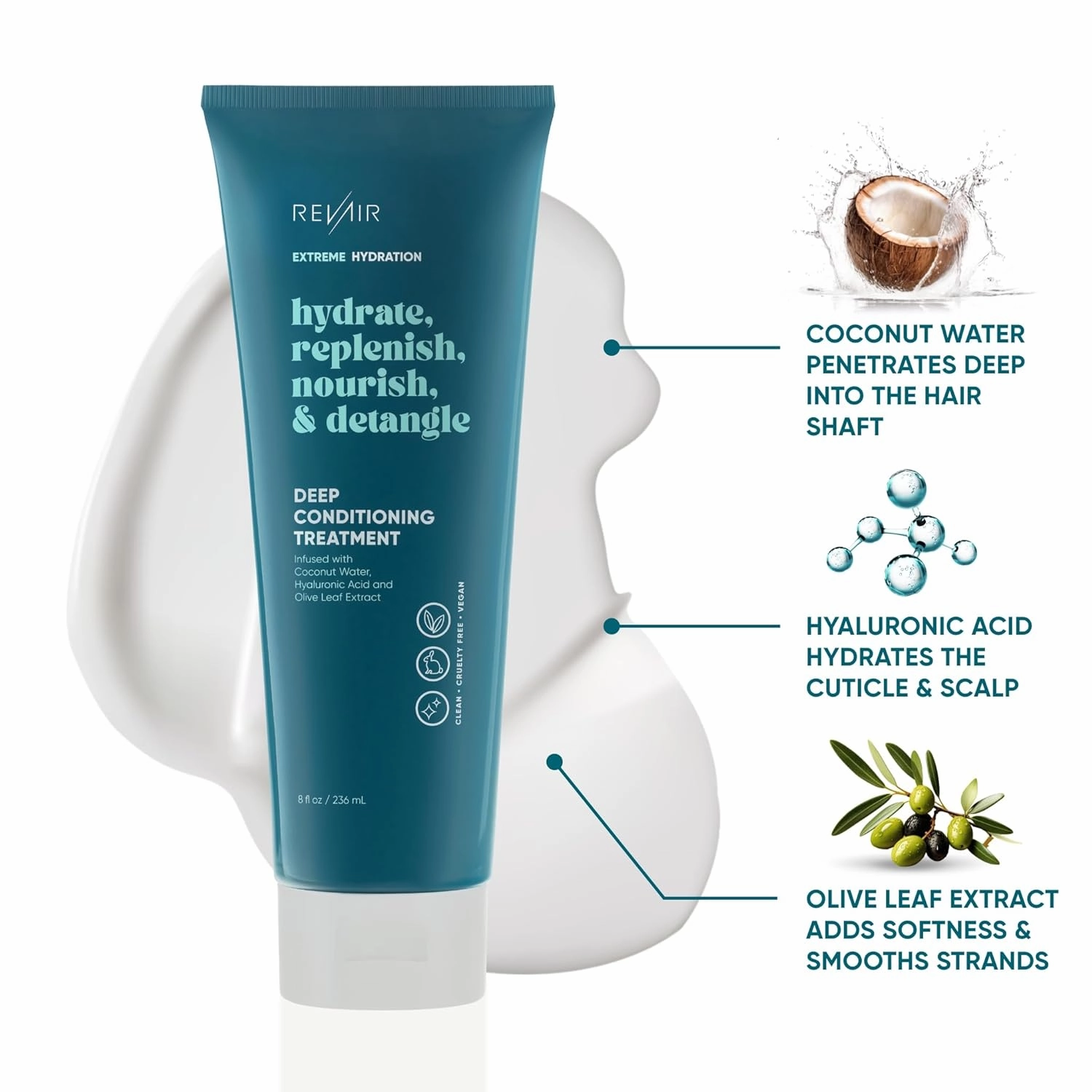 REVAIR Deep Conditioning Hair Treatment - Hydrating Hair Mask for Dry Damaged Hair - Coconut Water, Hyaluronic Acid & Olive Leaf Extract - Sulfate-Free, Paraben-Free, Vegan & Cruelty Free (8 Fl Oz)