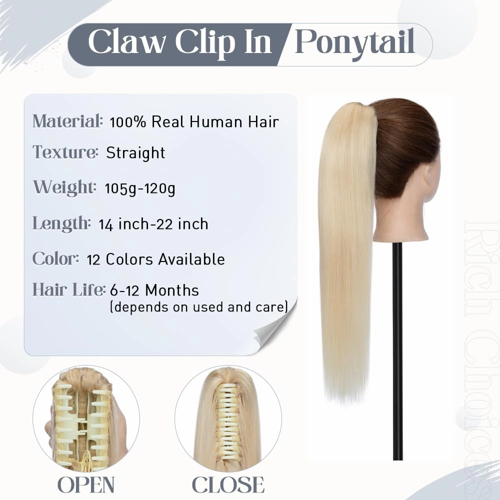 Rich Choices Claw Clip Ponytail Extension Human Hair Real Hair Ponytail Extension Balayage Bleach Blonde 14 Inch 105g One Piece Clip In Long Ponytail Hair Extensions Straight For Women #613