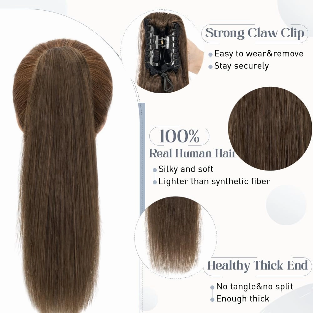Rich Choices Claw Clip Ponytail Extension Human Hair Real Hair Ponytail Extension Balayage Chocolate Brown Clip In Long Ponytail Hair Extensions Straight For Women #2R 14 Inch