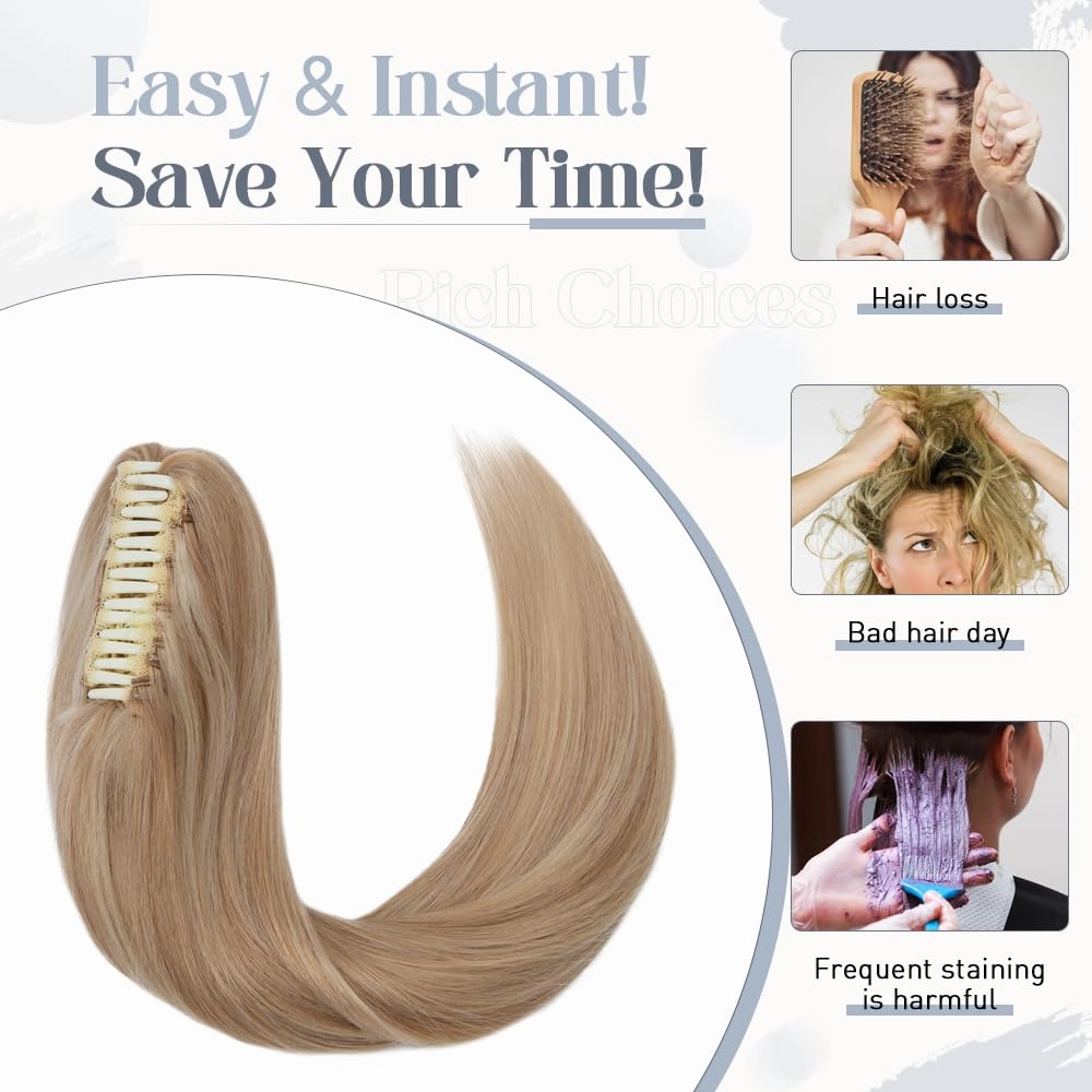 Rich Choices Claw Clip Ponytail Extension Real Human Hair One Piece Clip In Long Remy Ponytail Hair Extension For Women #18P613 Ash Blonde Highlighted Bleach Blonde 14 Inch 105g
