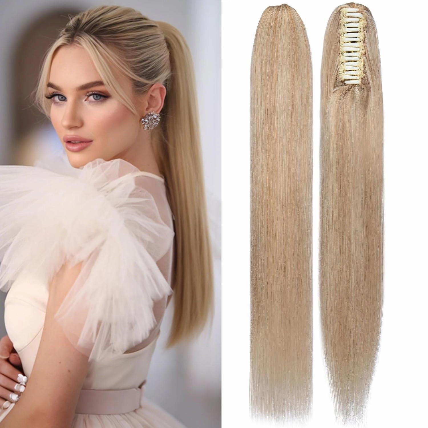 Rich Choices Claw Clip Ponytail Extension Real Human Hair One Piece Clip In Long Remy Ponytail Hair Extension For Women #18P613 Ash Blonde Highlighted Bleach Blonde 14 Inch 105g