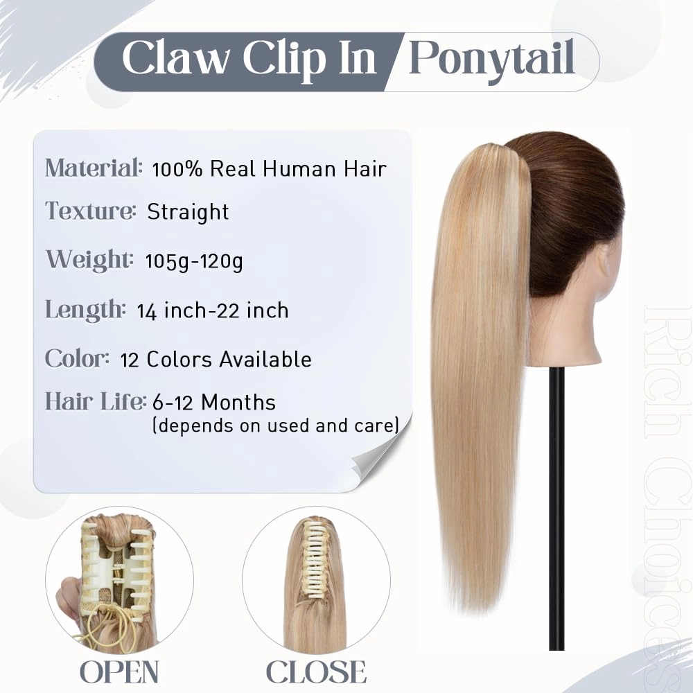 Rich Choices Claw Clip Ponytail Extension Real Human Hair One Piece Clip In Long Remy Ponytail Hair Extension For Women #18P613 Ash Blonde Highlighted Bleach Blonde 14 Inch 105g