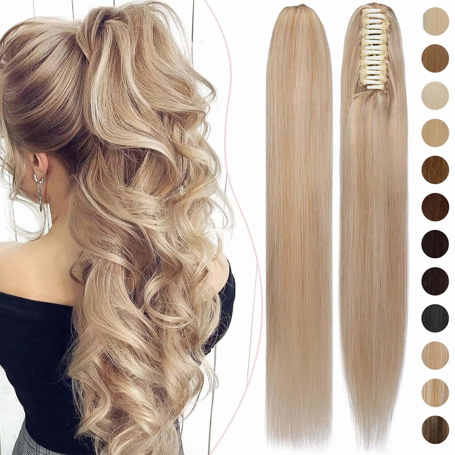 Rich Choices Claw Clip Ponytail Extension Real Human Hair One Piece Clip In Long Remy Ponytail Hair Extension For Women #18P613 Ash Blonde Highlighted Bleach Blonde 14 Inch 105g