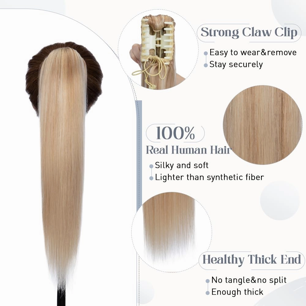 Rich Choices Claw Clip Ponytail Extension Real Human Hair One Piece Clip In Long Remy Ponytail Hair Extension For Women #18P613 Ash Blonde Highlighted Bleach Blonde 14 Inch 105g