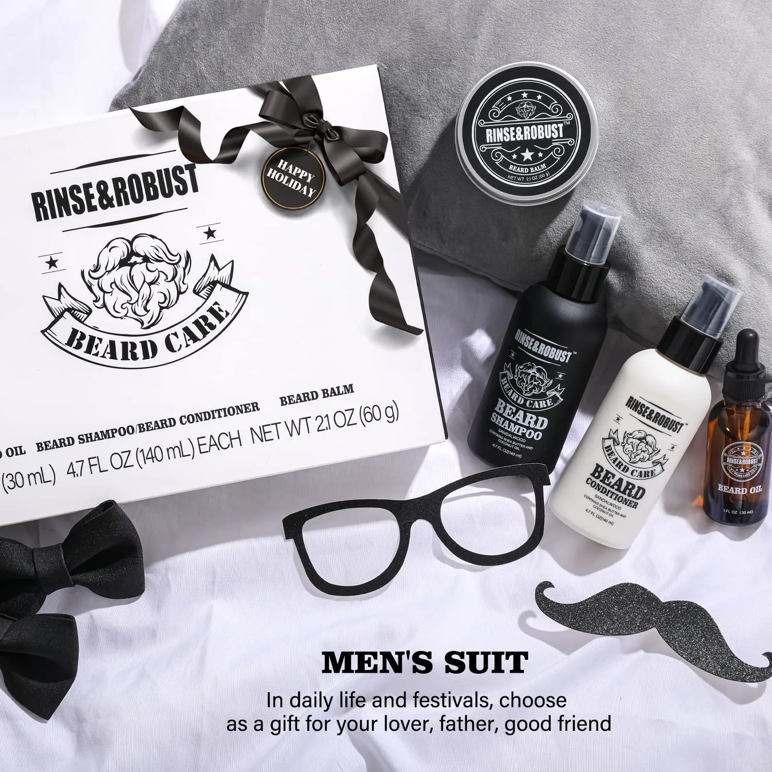 Rinse & Robust Beard Wash, Fathers Day Dad Gift, Beard Conditioner, Beard Oil, Beard Balm Gift Set - Sandalwood Fragrance, Natural, Gluten Free Ingredients, 4 Piece Beard Grooming Kit for Men