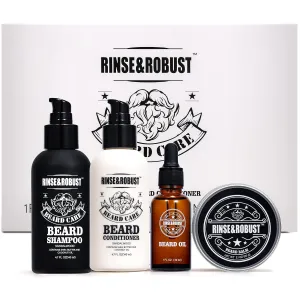 Rinse & Robust Beard Wash, Fathers Day Dad Gift, Beard Conditioner, Beard Oil, Beard Balm Gift Set - Sandalwood Fragrance, Natural, Gluten Free Ingredients, 4 Piece Beard Grooming Kit for Men