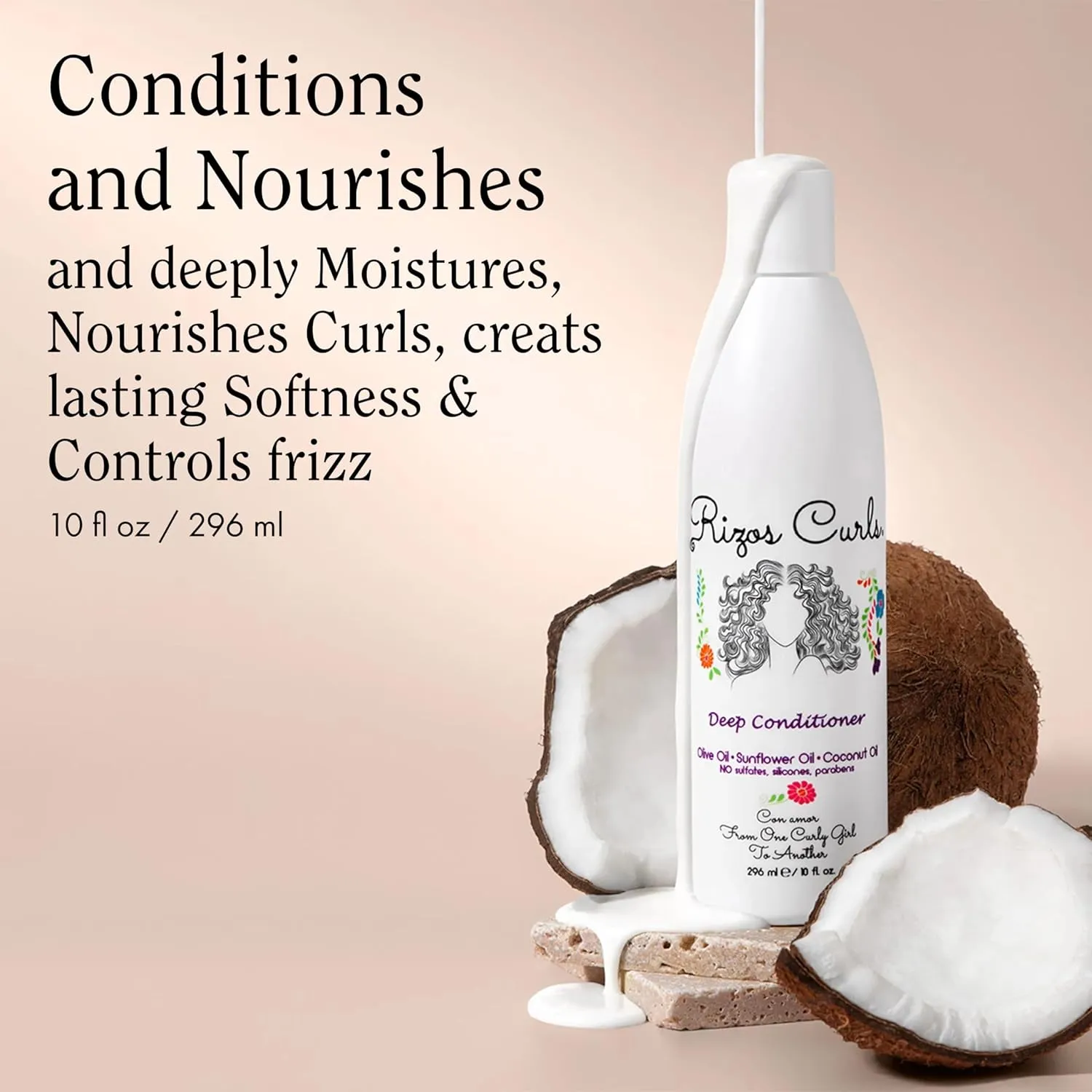 Rizos Curls Deep Conditioner, Strengthens & Moisturizes Hair while Controlling Frizz, Add Softness and Manageability with Coconut Oil, Sunflower Oil & Shea Butter, 10 oz