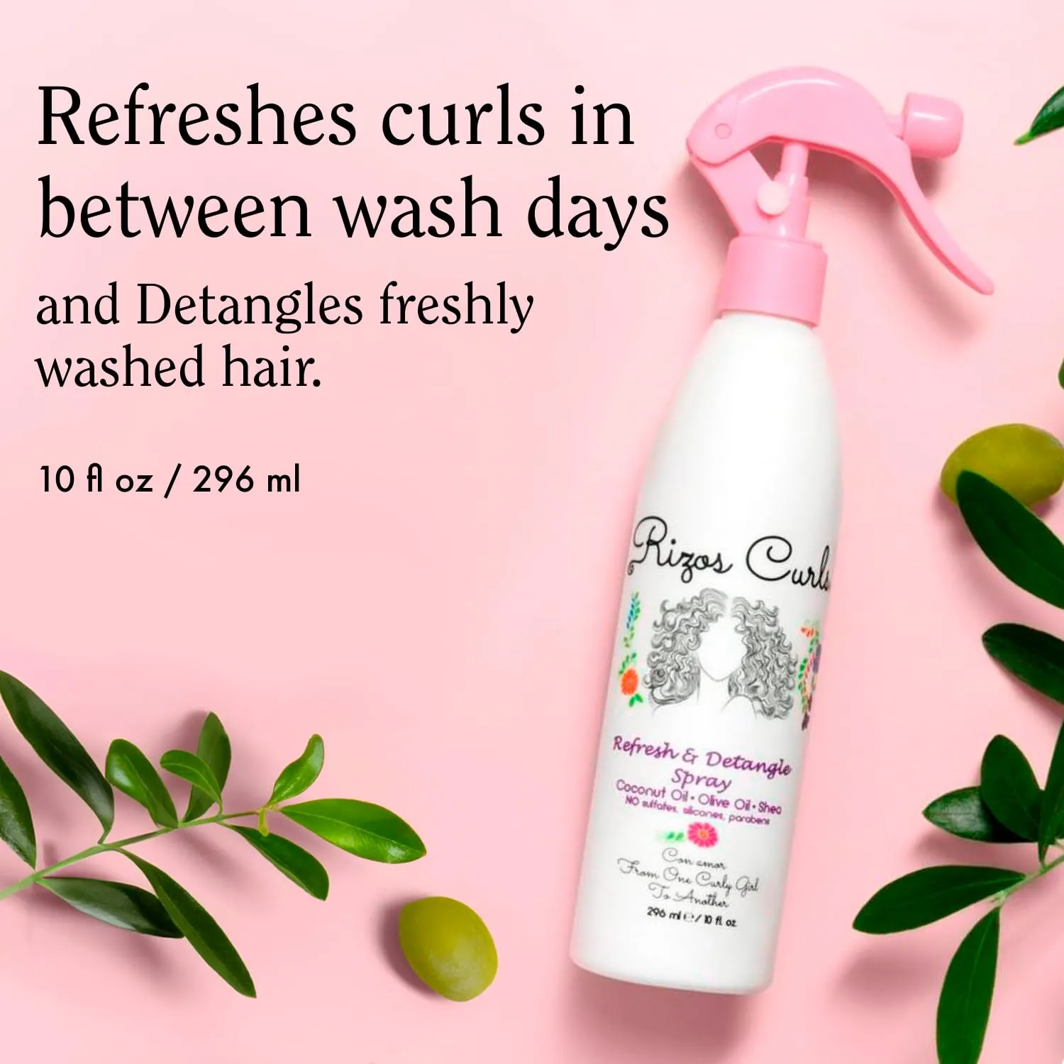 Rizos Curls Refresh & Detangle Spray Detangling & Curl Leave-In with Coconut Oil Nourishes, Hydrates & Controls Frizz for Every Curl Pattern Adds Shine, Hair Types Vegan & Cruelty-Free
