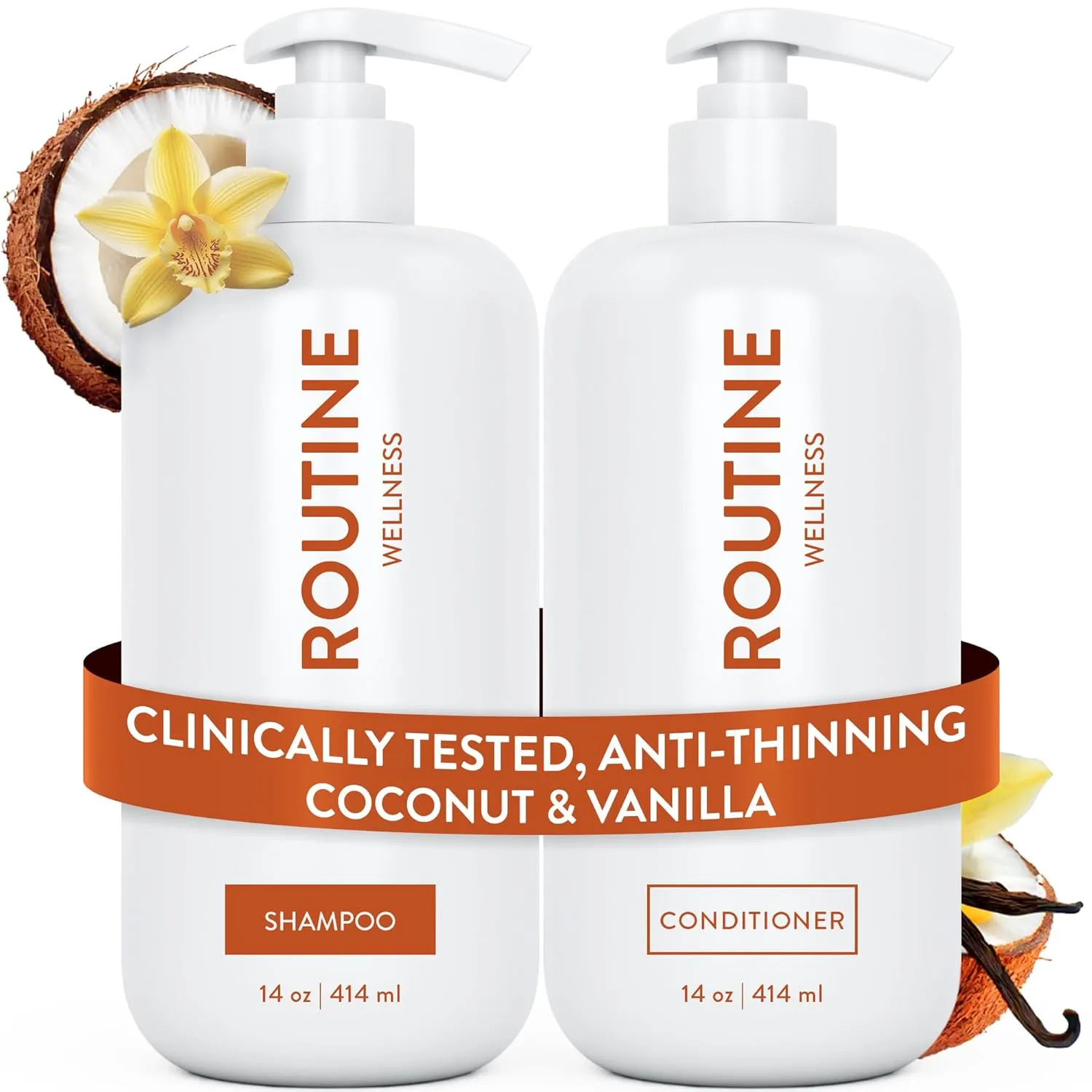 Routine Wellness Anti-Thinning Shampoo and Conditioner Set for Thinning Hair - Biotin DHT Blocker Women & Men - Color Safe Shampoo for Hair Loss & Healthier Hair - Coconut & Vanilla (Pack of 2)