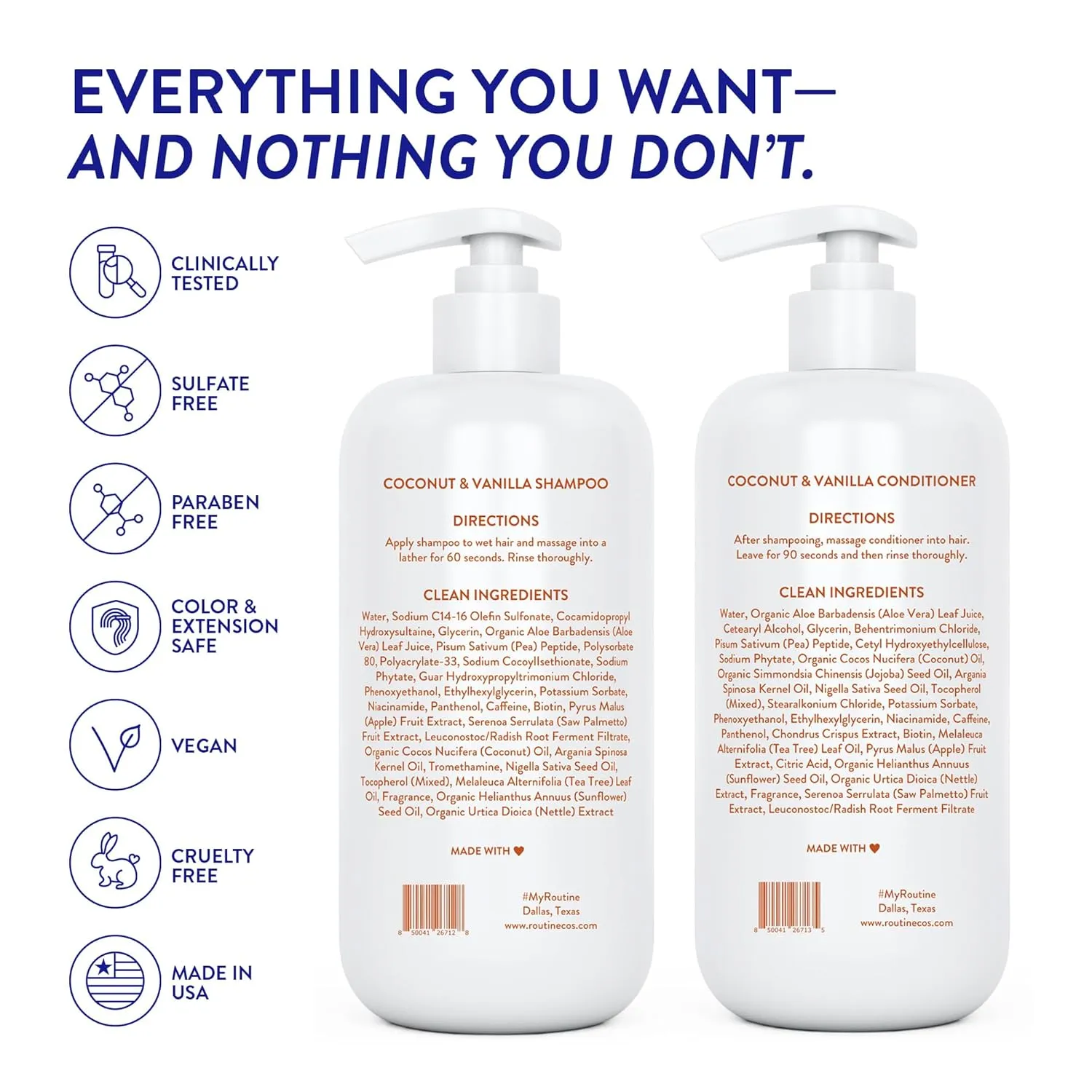 Routine Wellness Anti-Thinning Shampoo and Conditioner Set for Thinning Hair - Biotin DHT Blocker Women & Men - Color Safe Shampoo for Hair Loss & Healthier Hair - Coconut & Vanilla (Pack of 2)