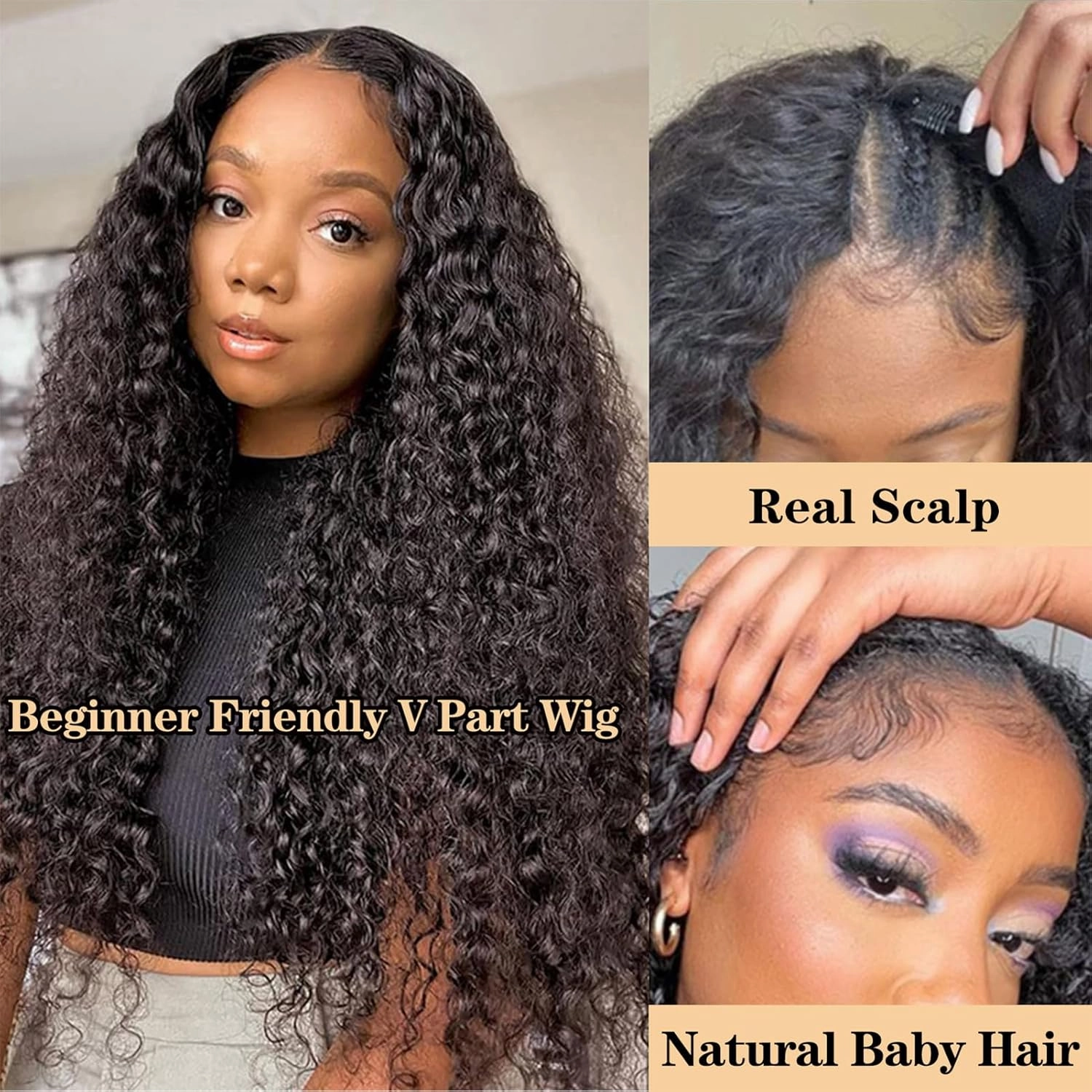 ROYAL IMPRESSION V Part Deep Wave Human Hair Wigs Upgraded U Part Human Hair Wig Minimal Leave Out No Sew in No Glue 180% Density V Shape Clip in Half Wig Beginner Friendly (20 Inch)