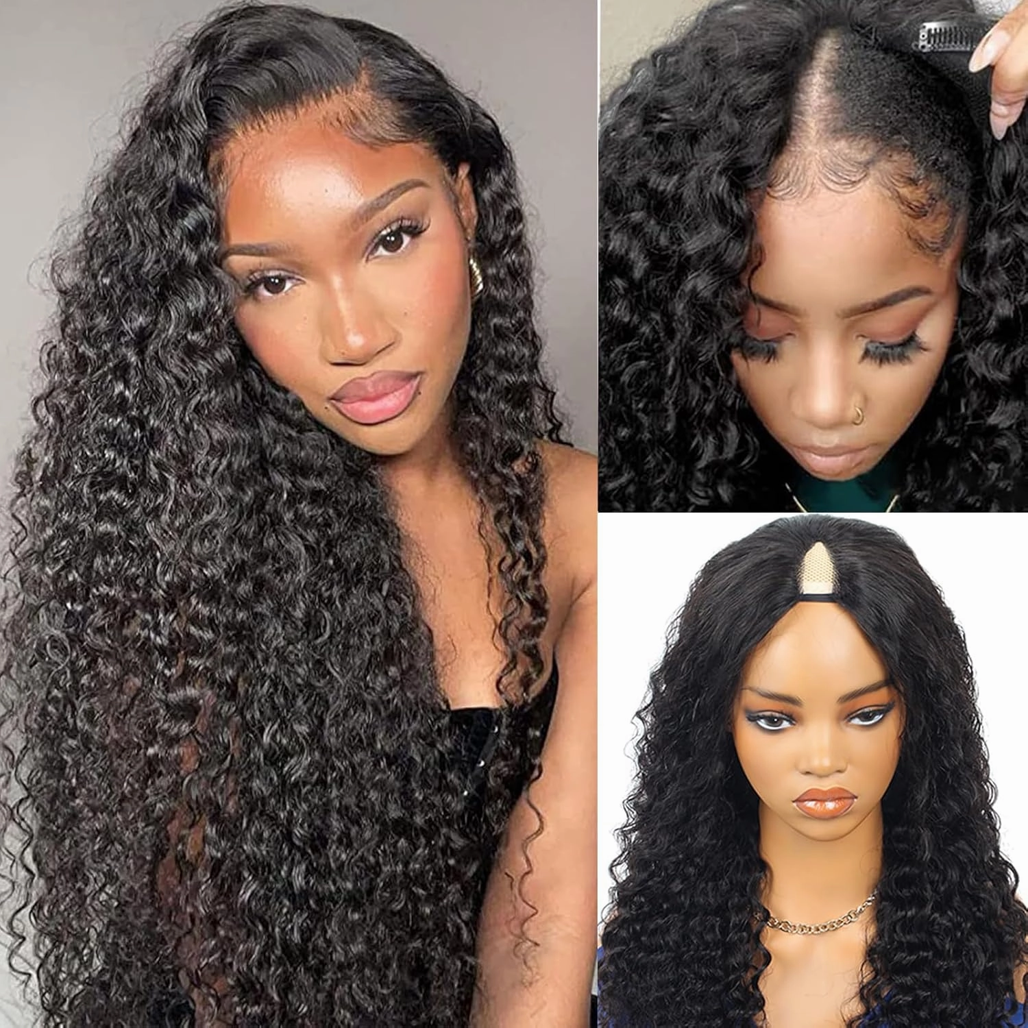 ROYAL IMPRESSION V Part Deep Wave Human Hair Wigs Upgraded U Part Human Hair Wig Minimal Leave Out No Sew in No Glue 180% Density V Shape Clip in Half Wig Beginner Friendly (20 Inch)