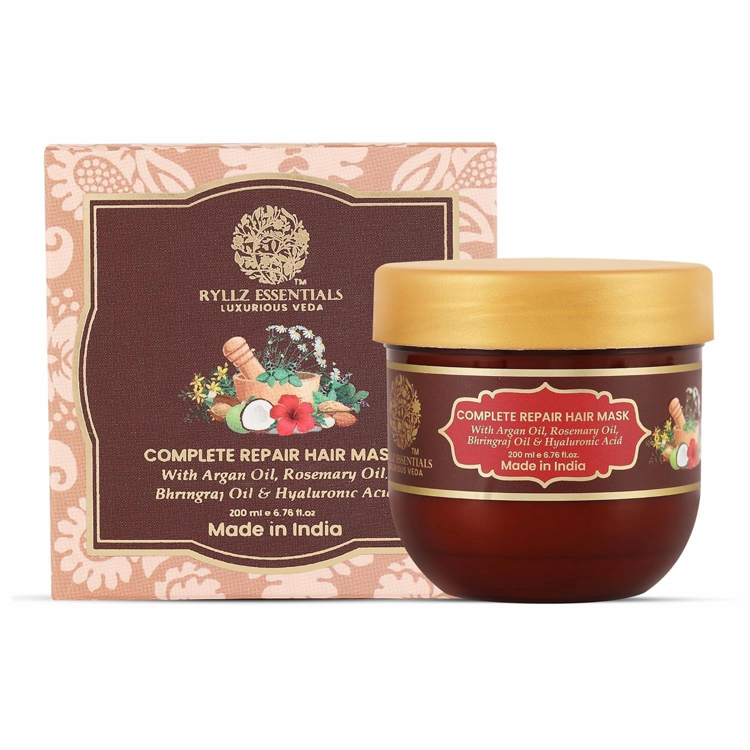 RYLLZ ESSENTIALS Complete Repair Hair Mask | with Rosemary Oil, Argan Oil, Hyaluronic Acid & Bhringraj | Get Soft/Bouncy/Shiny hair | 100% Pure & Natural | 200 ml