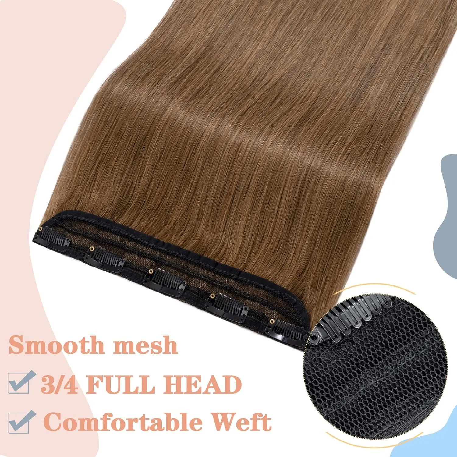 S-noilite One Piece Clip in Hair Extensions Human Hair Clip in Human Hair One Piece/5 Clips/3/4 Full Head Standard Weft Clip in Extensions 100% Remy Human Hair Straight #Light Brown 16"-45g
