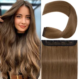 S-noilite One Piece Clip in Hair Extensions Human Hair Clip in Human Hair One Piece/5 Clips/3/4 Full Head Standard Weft Clip in Extensions 100% Remy Human Hair Straight #Light Brown 16"-45g
