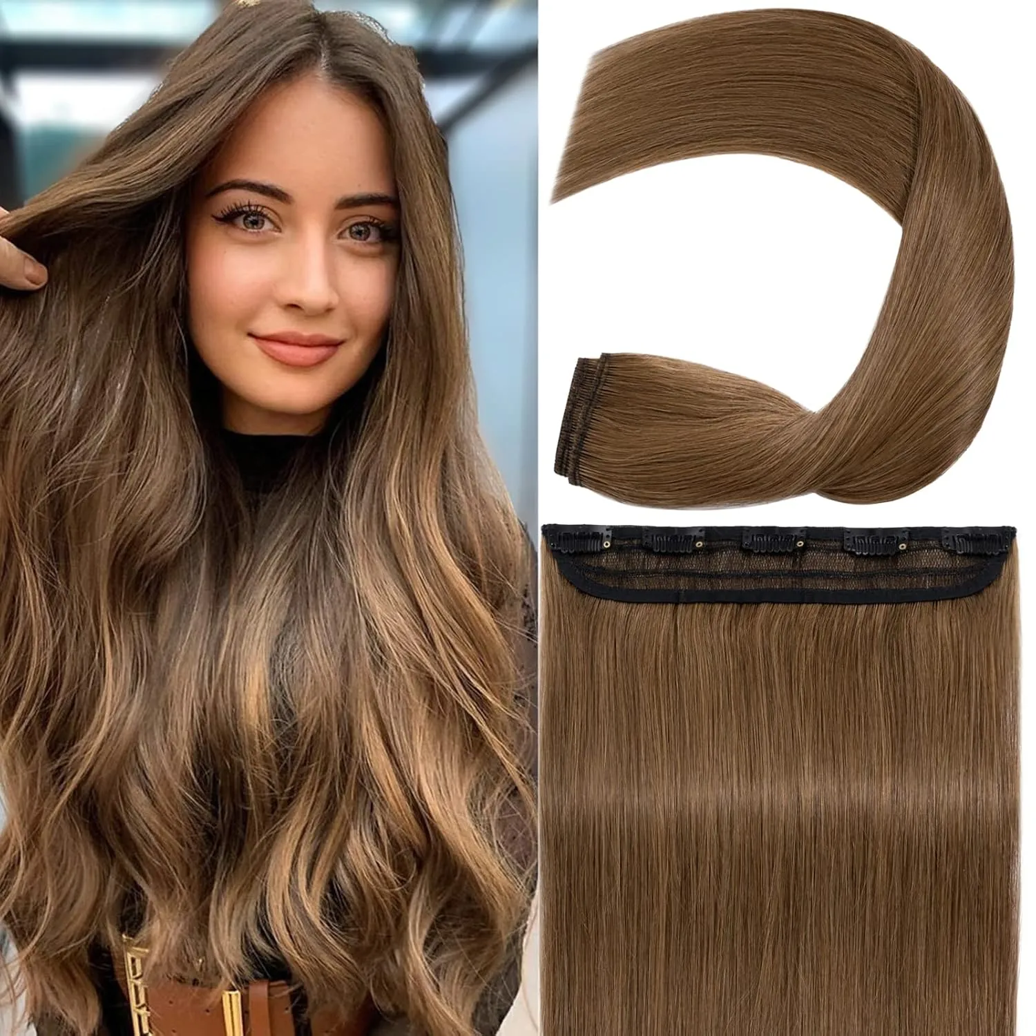 S-noilite One Piece Clip in Hair Extensions Human Hair Clip in Human Hair One Piece/5 Clips/3/4 Full Head Standard Weft Clip in Extensions 100% Remy Human Hair Straight #Light Brown 16"-45g