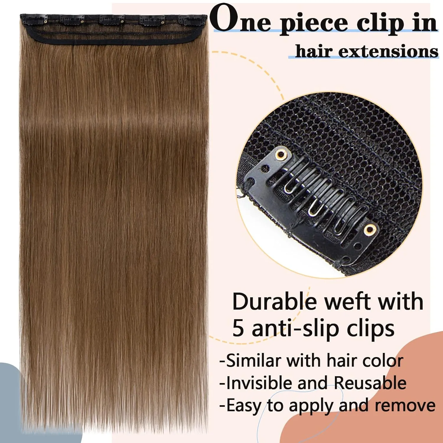 S-noilite One Piece Clip in Hair Extensions Human Hair Clip in Human Hair One Piece/5 Clips/3/4 Full Head Standard Weft Clip in Extensions 100% Remy Human Hair Straight #Light Brown 16"-45g