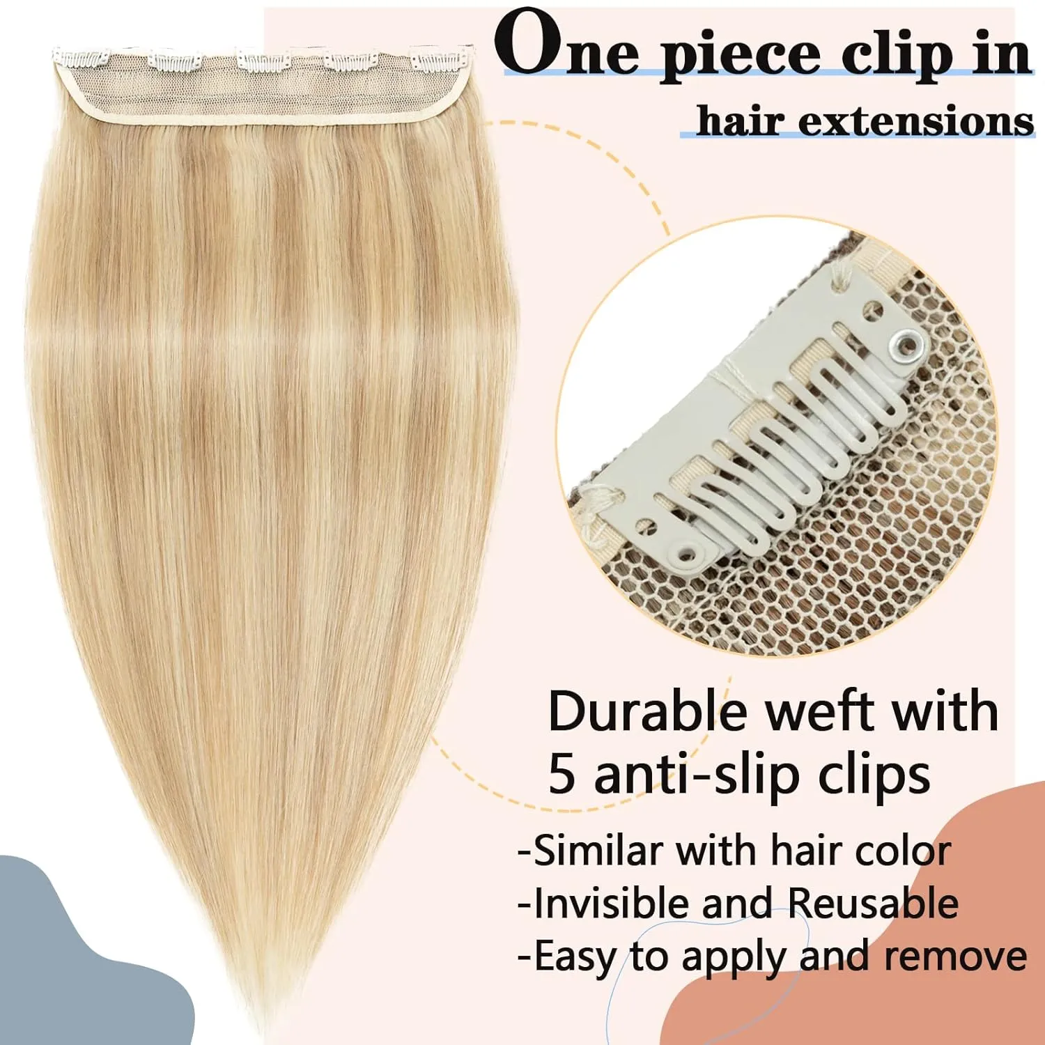 S-noilite One Piece Clip in Hair Extensions Real Human Hair Balayage One Piece/5 Clips 3/4 Full Head One Piece Human Hair Extensions 12 Inch/40g (#18/613 Ash Blonde/Bleach Blonde)