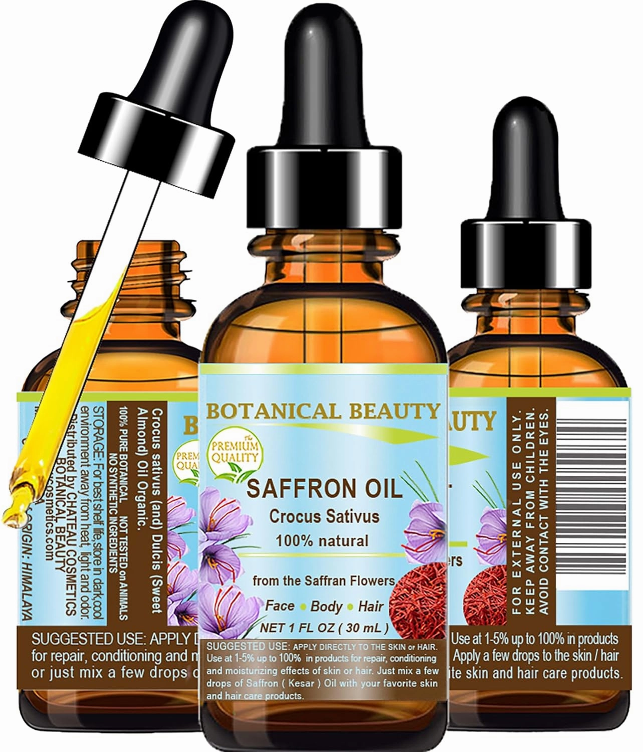 SAFFRON OIL (KESAR) Crocus Sativus 100% Natural for Face, Skin, Body, Hair, Nail Care 1 Fl. oz.- 30 ml Beauty Oil by Botanical Beauty