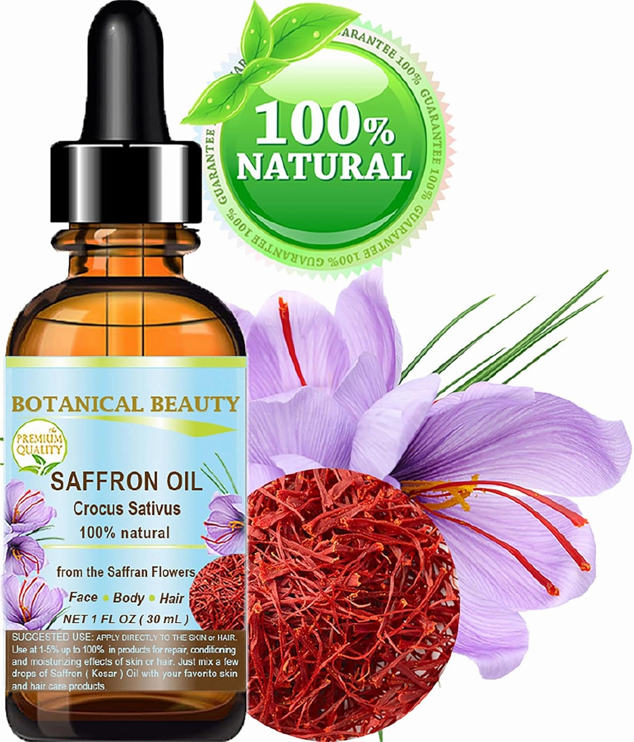 SAFFRON OIL (KESAR) Crocus Sativus 100% Natural for Face, Skin, Body, Hair, Nail Care 1 Fl. oz.- 30 ml Beauty Oil by Botanical Beauty