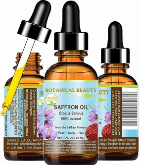 SAFFRON OIL (KESAR) Crocus Sativus 100% Natural for Face, Skin, Body, Hair, Nail Care 1 Fl. oz.- 30 ml Beauty Oil by Botanical Beauty