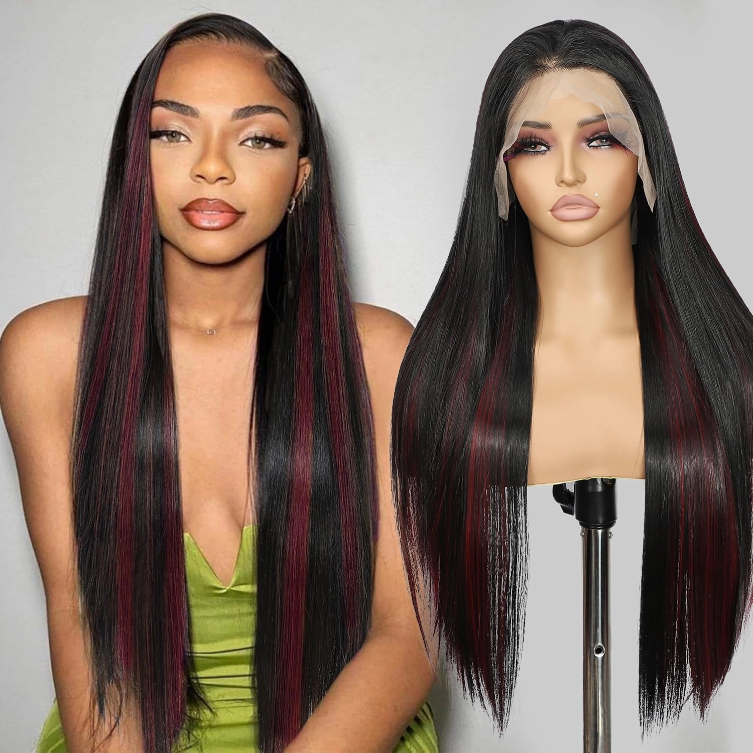 SAPPHIREWIGS 13x6 Highlight Red Straight Synthetic Lace Front Wig Skunk Stripe Red Mixed Black Pre Plucked Heat-Resistant Fiber Glueless Wigs for Black Women Daily Party Wear 26 Inches