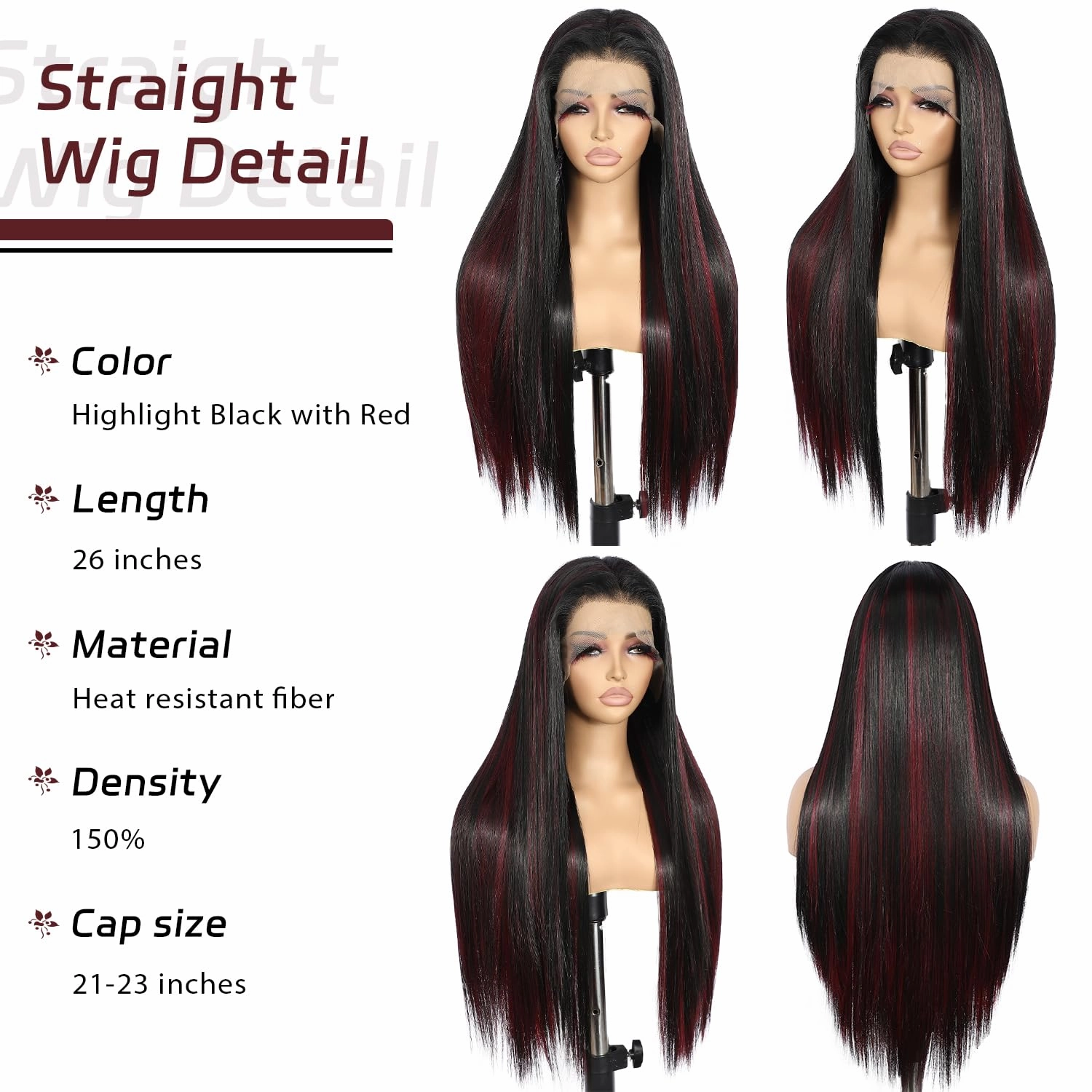 SAPPHIREWIGS 13x6 Highlight Red Straight Synthetic Lace Front Wig Skunk Stripe Red Mixed Black Pre Plucked Heat-Resistant Fiber Glueless Wigs for Black Women Daily Party Wear 26 Inches