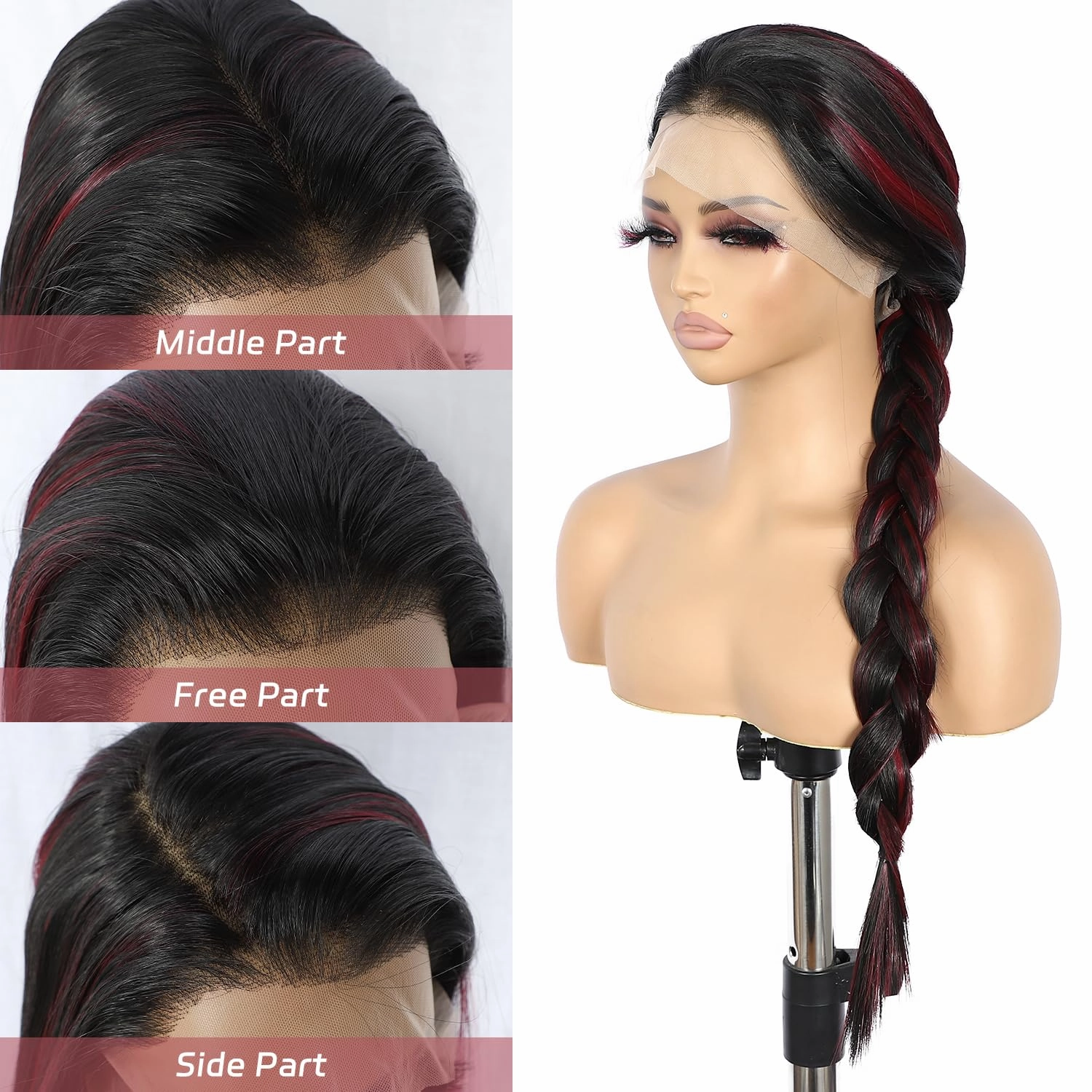SAPPHIREWIGS 13x6 Highlight Red Straight Synthetic Lace Front Wig Skunk Stripe Red Mixed Black Pre Plucked Heat-Resistant Fiber Glueless Wigs for Black Women Daily Party Wear 26 Inches