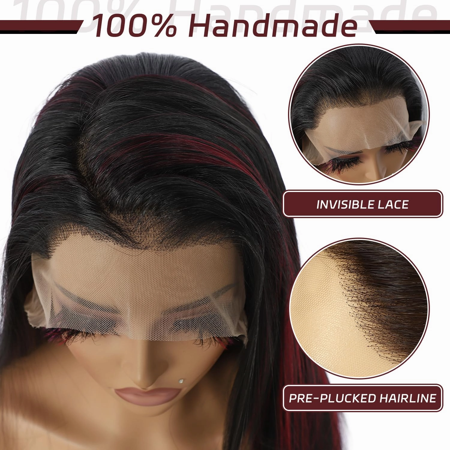 SAPPHIREWIGS 13x6 Highlight Red Straight Synthetic Lace Front Wig Skunk Stripe Red Mixed Black Pre Plucked Heat-Resistant Fiber Glueless Wigs for Black Women Daily Party Wear 26 Inches