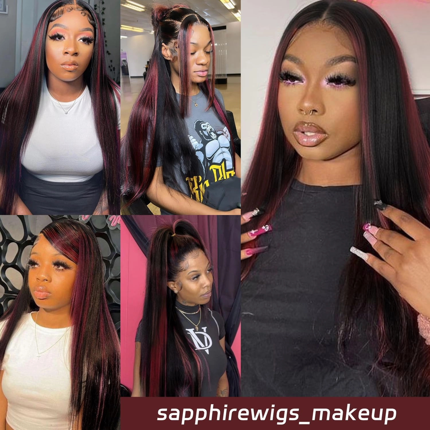 SAPPHIREWIGS 13x6 Highlight Red Straight Synthetic Lace Front Wig Skunk Stripe Red Mixed Black Pre Plucked Heat-Resistant Fiber Glueless Wigs for Black Women Daily Party Wear 26 Inches