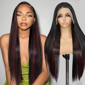 SAPPHIREWIGS 13x6 Highlight Red Straight Synthetic Lace Front Wig Skunk Stripe Red Mixed Black Pre Plucked Heat-Resistant Fiber Glueless Wigs for Black Women Daily Party Wear 26 Inches