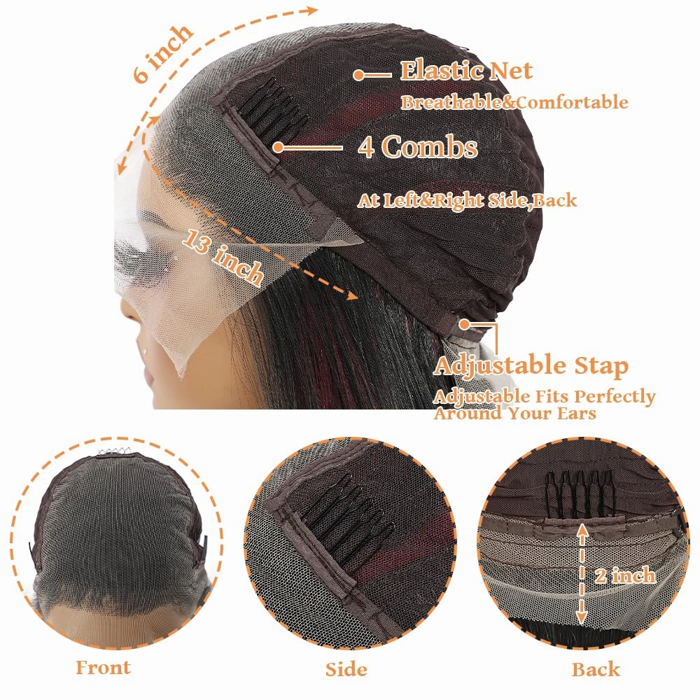 SAPPHIREWIGS 13x6 Highlight Red Straight Synthetic Lace Front Wig Skunk Stripe Red Mixed Black Pre Plucked Heat-Resistant Fiber Glueless Wigs for Black Women Daily Party Wear 26 Inches