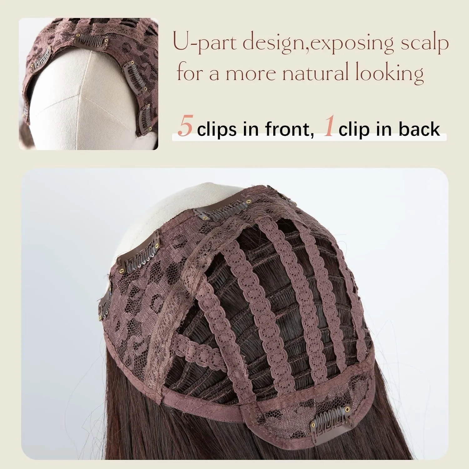 SARLA Clip in U Part Hair Extensions Dark Brown Synthetic Long Wavy Curly Thick Full Head Hairpiece for Women 24 Inch