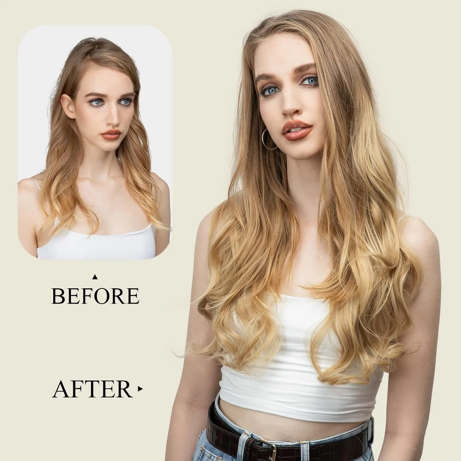 SARLA Clip in U Part Hair Extensions Dark Brown Synthetic Long Wavy Curly Thick Full Head Hairpiece for Women 24 Inch