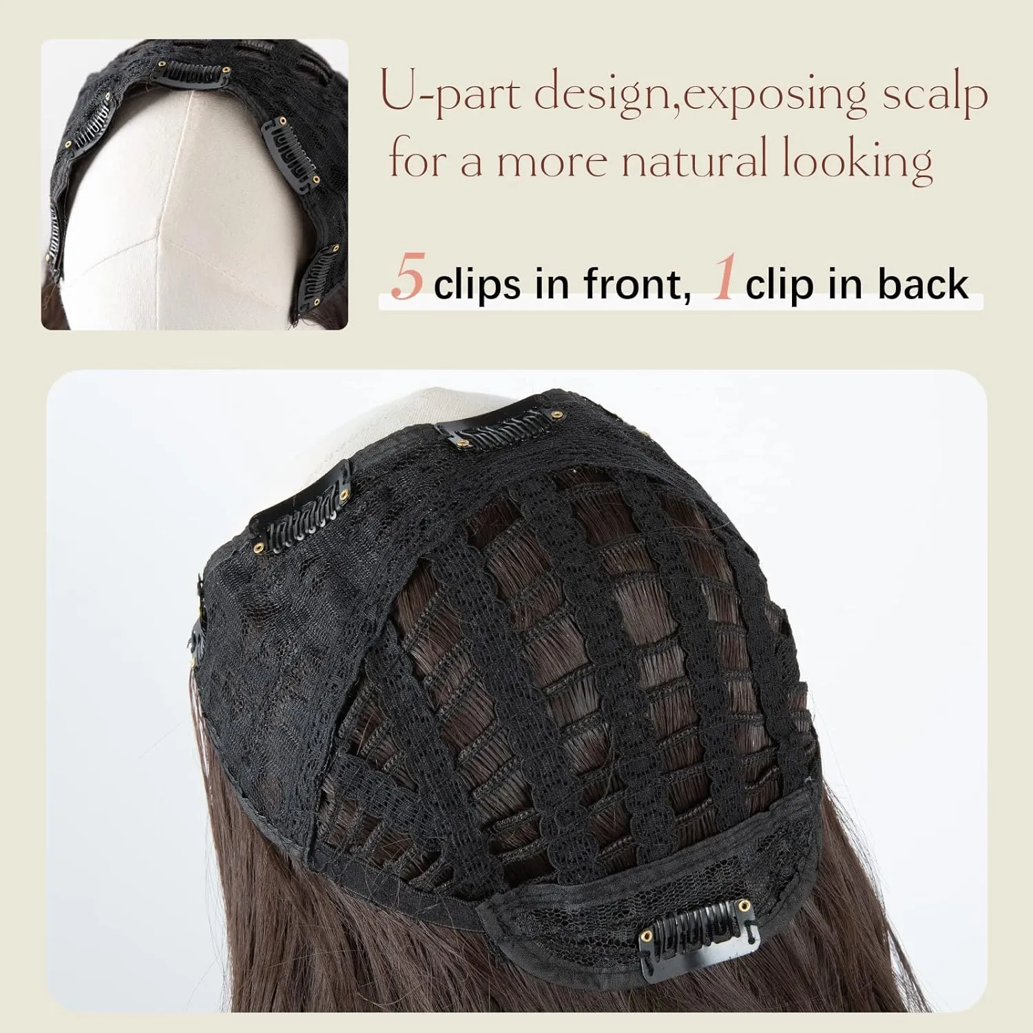 SARLA Clip in U Part Hair Extensions Synthetic Long Wavy Curly Thick Full Head Hairpiece for Women Black Brown 24 Inch